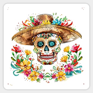 Skull wear cowboy hat Cinco de mayo colorful watercolor Sticker